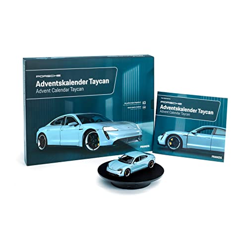 FRANZIS 67203 - Porsche Taycan Adventskalender frozen blue, Metall Modellbausatz im Maßstab 1:24, inkl. LED-Showroom-Beleuchtung und 52-seitigem Begleitbuch