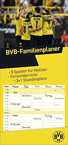 Borussia Dortmund Familienplaner 2023 - BVB - Bundesliga - Wandkalender mit Monatskalendarium, 5 Spalten, Schulferien und 4 Stundenplänen - 21 x 45 cm