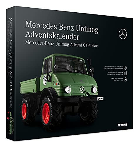 FRANZIS 55406 - Mercedes-Benz Unimog Adventskalender grün, Metall Modellbausatz im Maßstab 1:43, inkl. Soundmodul und 52-seitigem Begleitbuch