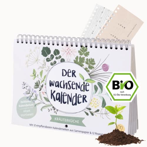 Der Wachsende Kalender KRÄUTERKÜCHE zeitlos I A5-Format | einpflanzbarer Kalender mit BIO-Kräuter-Samen und 12 Rezepte I Saatgut-Kalender mit 12 Samenstreifen I mit Bio-Saatgut | von PRIMOZA