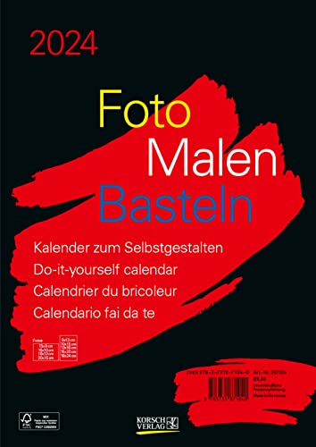 Foto-Malen-Basteln Bastelkalender A4 schwarz 2024: Fotokalender zum Selbstgestalten. Aufstellbarer do-it-yourself Kalender mit festem Fotokarton.