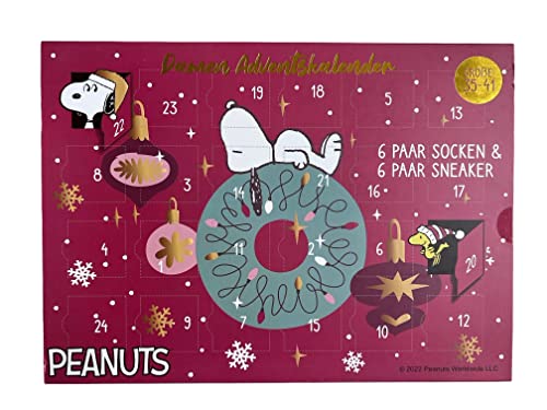 daniplus Peanuts Damen/Frauen Adventskalender mit 24 Socken Gr. 35-41, je 6 Paar Socken und Sneakersocken
