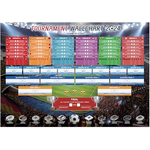 AhfuLife EM Spielplan Poster für Euro Dekoration 2024 - A2 Format EM Fussball Planer - Enthält 24 Mannschaften Gruppen Knockout und Finale alle Ergebnisse der Spiele(Englische Fassung, 42cm x 59cm)