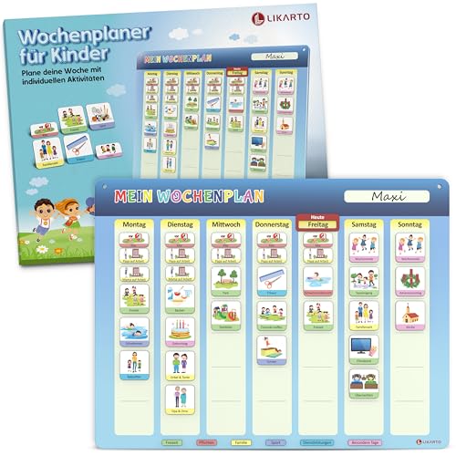 LIKARTO Wochenplaner Kinder - Montessori Magnettafel inkl. 198 Magnete & Kordel - Komplett beschreib- und abwischbar - Förderung der Selbstständigkeit