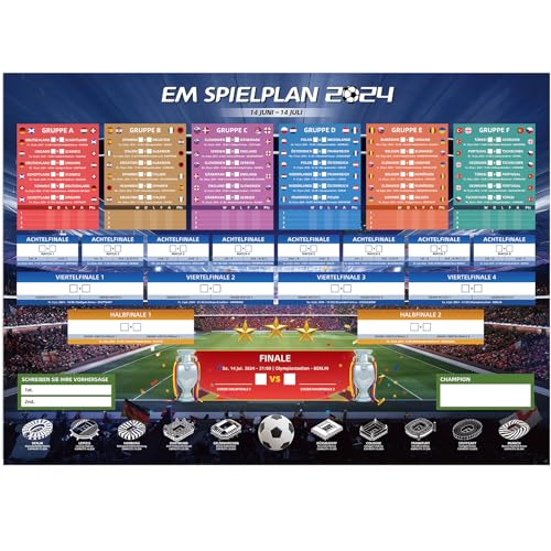 AhfuLife EM Spielplan Poster für Euro Fußball 2024 - A2 Format EM Fussball Planer - Enthält 24 Mannschaften Gruppen Knockout und Finale alle Ergebnisse der Spiele(Gefaltet-1 Stück, A2-59cm x 42cm)
