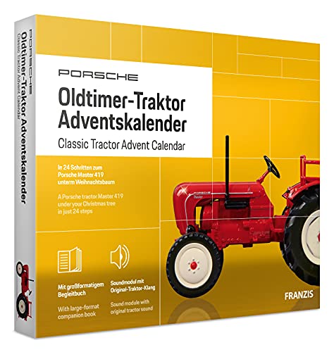 FRANZIS 67133 - Porsche Oldtimer-Traktor Adventskalender, Metall Modellbausatz im Maßstab 1:43, inkl. Soundmodul und 52-seitigem Begleitbuch