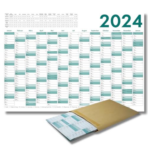 Jadami Jahreskalender 2024 - Großer Wandkalender in A1 gefaltet, Türkis - Praktischer Jahresplaner von Januar 2024 bis Januar 2025 - Perfekt als Familienplaner und Geburtstagskalender