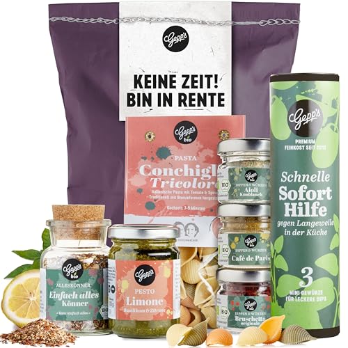 Gepp's Feinkost Rentenbox I Liebevoller Geschenkkorb für den Ruhestand mit Pasta, Pesto und weiteren Delikatessen I Rentner Geschenk für mehr Spaß beim Nichtstun I Ideal für Kollegen & Mitarbeiter