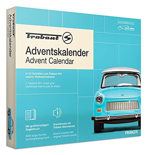 FRANZIS 67115 - Trabant Adventskalender, Metall Modellbausatz im Maßstab 1:43, inkl. Soundmodul und 52-seitigem Begleitbuch