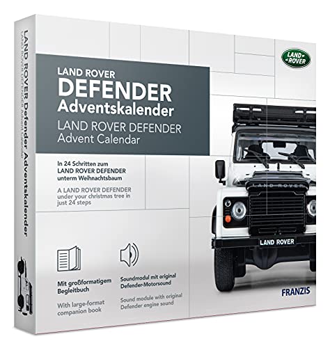 FRANZIS 67155 - Land Rover Defender Adventskalender, Metall Modellbausatz im Maßstab 1:43, inkl. Soundmodul und 50-seitigem Begleitbuch