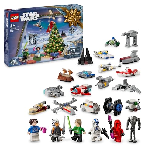 LEGO Star Wars Adventskalender 2024, 18 Mini-Modelle und 6 Charaktere zum Sammeln, Vorweihnachtsgeschenk für Jungen, Mädchen und alle Fans ab 6 Jahren, Bauspielzeug mit Minifiguren 75395