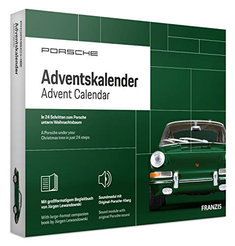 FRANZIS 67119 - Porsche 911 Adventskalender irisch grün 2020, Modellbausatz im Maßstab 1:43, inkl. Soundmodul und 52-seitigem Begleitbuch