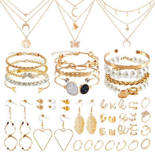 QBilooty 43 Stück Gold Schmuckset für Mädchen und Damen, mit 3 Halsketten, 12 Armbändern, 10 Ringen, 6 Paar Ohrringen, 12 Ear Cuff Ohrklemme Ohrringe, Ideal für Valentinstag, Geburtstag und Muttertag