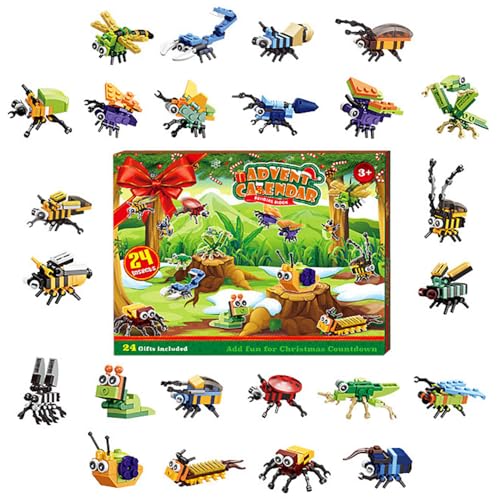 Palwin Adventskalender 2023, Weihnachtskalender Kinder, 24 PCS Tierblock-Spielzeug, Insekt Klemmbausteine Set für Kinder Kreatives Blind Box Geburtstagsgeschenk