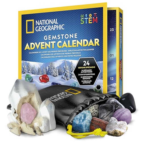 NATIONAL GEOGRAPHIC Edelstein-Adventskalender 2023 - Adventskalender für Kinder mit 24 Edelsteinen zum täglichen Öffnen, vollständige Steinsammlung, Mini-Edelstein-Grabungsset