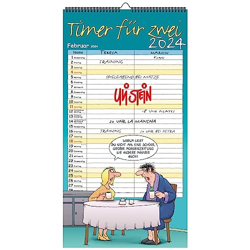 Uli Stein Kalender 2024 - Timer für Zwei + 5 Postkarten - Wandkalender für 2024 - Jahreskalender 2024 mit 12 Motiven & Spiralbindung - Cartoon Kalender