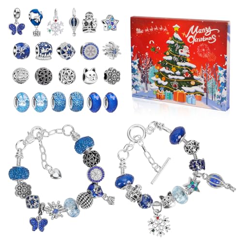 Adventskalender 2024 Kinder Mädchen, 24 Füllung Basteln Charms Armbänder Kit, Schmuck Adventskalender 2024, Weihnachten Charm Armband Kit Geschenk Mädchen 5 6 7 8 9 10 11 12 Jahre, (Blau)