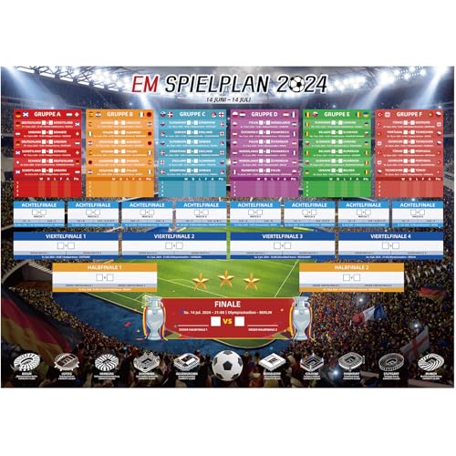AhfuLife EM Spielplan Poster für Euro Dekoration 2024 - A2 Format EM Fussball Planer - Enthält 24 Mannschaften Gruppen Knockout und Finale alle Ergebnisse der Spiele(Gefaltet-1 Stück, 42cm x 59cm)