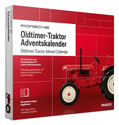 FRANZIS 67067 - Porsche Oldtimer-Traktor Adventskalender 2019, Modellbausatz im Maßstab 1:43, inkl. Soundmodul und 52-seitigem Begleitbuch