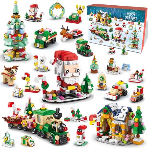 Adventskalender 2023 Weihnachts und Weihnachtsmann Baukasten, mit 24 Sammelbare Überraschungen für Kinder Weihnachtsspielzeug enthält Baum Haus Blöcke Jungen Mädchen 4+ Jahre (1122 PCS)
