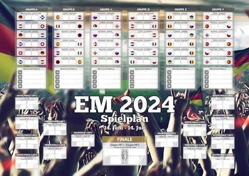 Deutschsprachiger EM Spielplan Poster für Euro Fußball 2024, EM Fussball Planer, alle Spiele zum Eintragen der Ergebnisse und Spiele in der K.O. Phase, DIN A1 gerollt