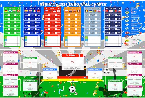 Pipihome EM Spielplan 2024 Poster für Euro Dekoration - EM 2024 Sticker EM Fussball Planer, Enthält 24 Mannschaften Gruppen Knockout und Finale, Geschenke für Fußballfans