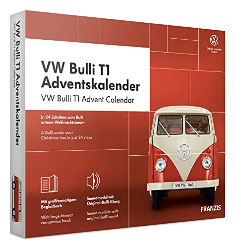 FRANZIS 67111 - VW Bulli T1 Adventskalender 2020, Modellbausatz im Maßstab 1:43, inkl. Soundmodul und 52-seitigem Begleitbuch