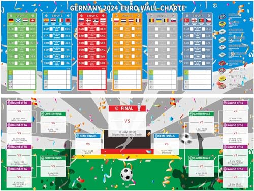 EM 2024 Sticker European, Fussball EM 2024, EM Spielplan Poster für Euro Dekoration 2024, Enthält 24 Mannschaften Gruppen Knockout und Finale alle Ergebnisse der Spiele Flag
