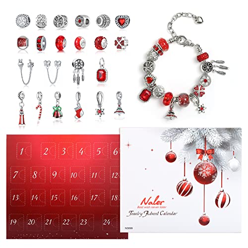 Naler 24-teilig Charms Adventskalender Rot Schmuck Anhänger Glasperlen mit Ketten und Armband für Weihnachten