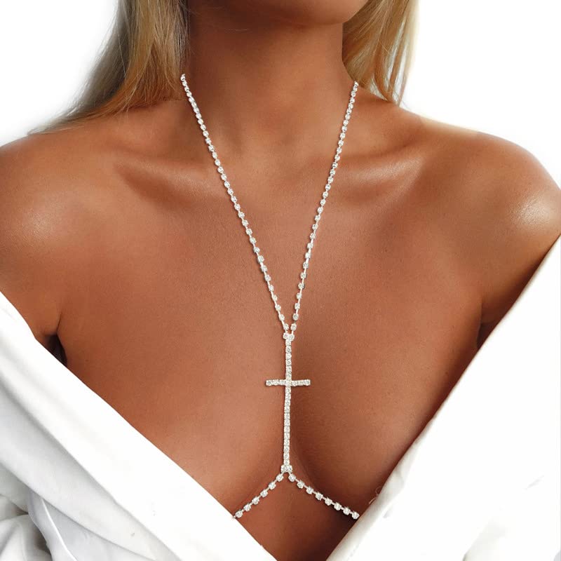 Sethain Boho Kristall Brustkette Silber Kreuzen Strass BH-Ketten Bikini Party-Schmuck für Frauen und Mädchen
