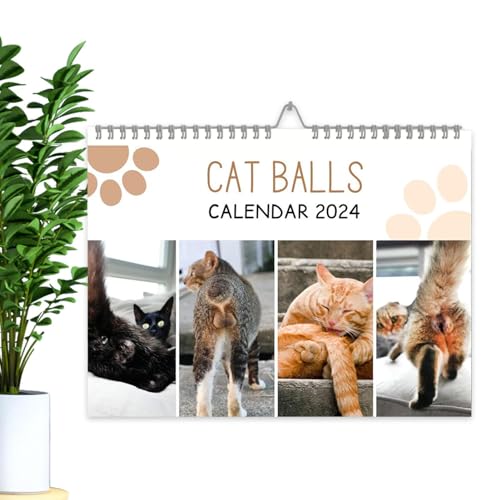 2024 Cat Balls Kalender - Hängender 12-Monats-Wandkalender Katze - Lustiger Kalender 2024, verschleißfester Tierkalender für Erwachsene, Zuhause, Schlafzimmer