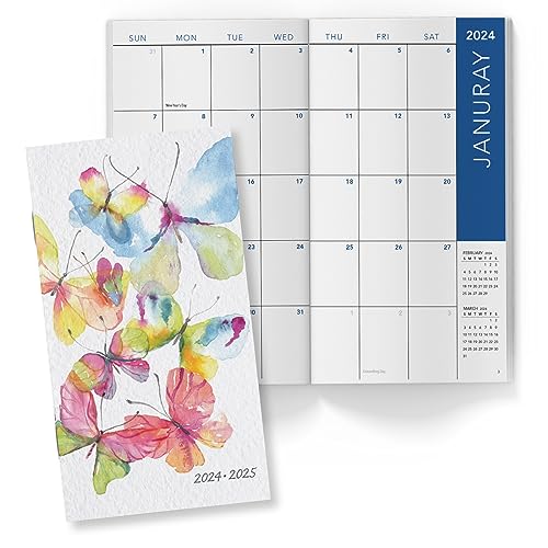 Global Printed Products 2-Jahres-Taschen-Planer 2024–2025, Monatsplaner – Aquarell-Schmetterlinge