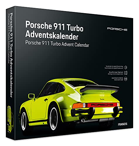 FRANZIS 55109 - Porsche 911 Turbo Adventskalender lichtgrün, Metall Modellbausatz im Maßstab 1:43, inkl. Soundmodul und 52-seitigem Begleitbuch