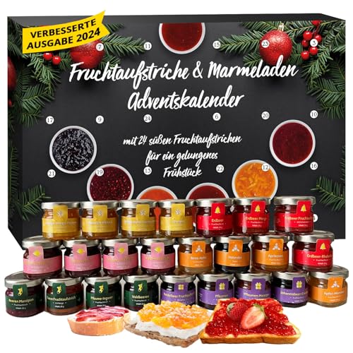 Adventskalender 2024 Marmelade, 24 verschiedene Fruchtaufstriche im Glas á 25g, Frühstück Adventskalender 2024, Frühstückskalender für Weihnachten