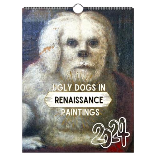 Evzvwruak Cartoon-Hunde-Kalender 2024 – Hässliche Hunde im Renaissance-Gemälde 2024-Kalender, Cartoon-Hunde-Wanddekor-Kalender 12 Monate
