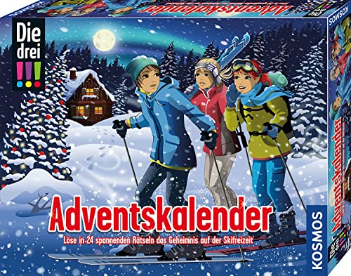 KOSMOS 632502 Die drei !!! Adventskalender 2023, Löse das Rätsel um das Geheimnis auf der Ski-Freizeit, mit 24 Detektiv-Gimmicks, Spielzeug-Adventskalender für Kinder ab 8 Jahre