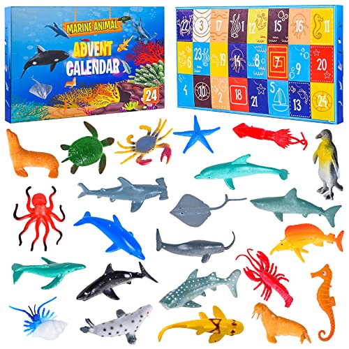 Herefun Adventskalender Spielzeug 2022, Weihnachtskalender Spielzeug mit 24 Überraschungen, Ozean-Thema Spielzeug für Kinder, 24 Tage Ozean-Countdown-Kalender Mädchen Jungen Kinder(Ozean)